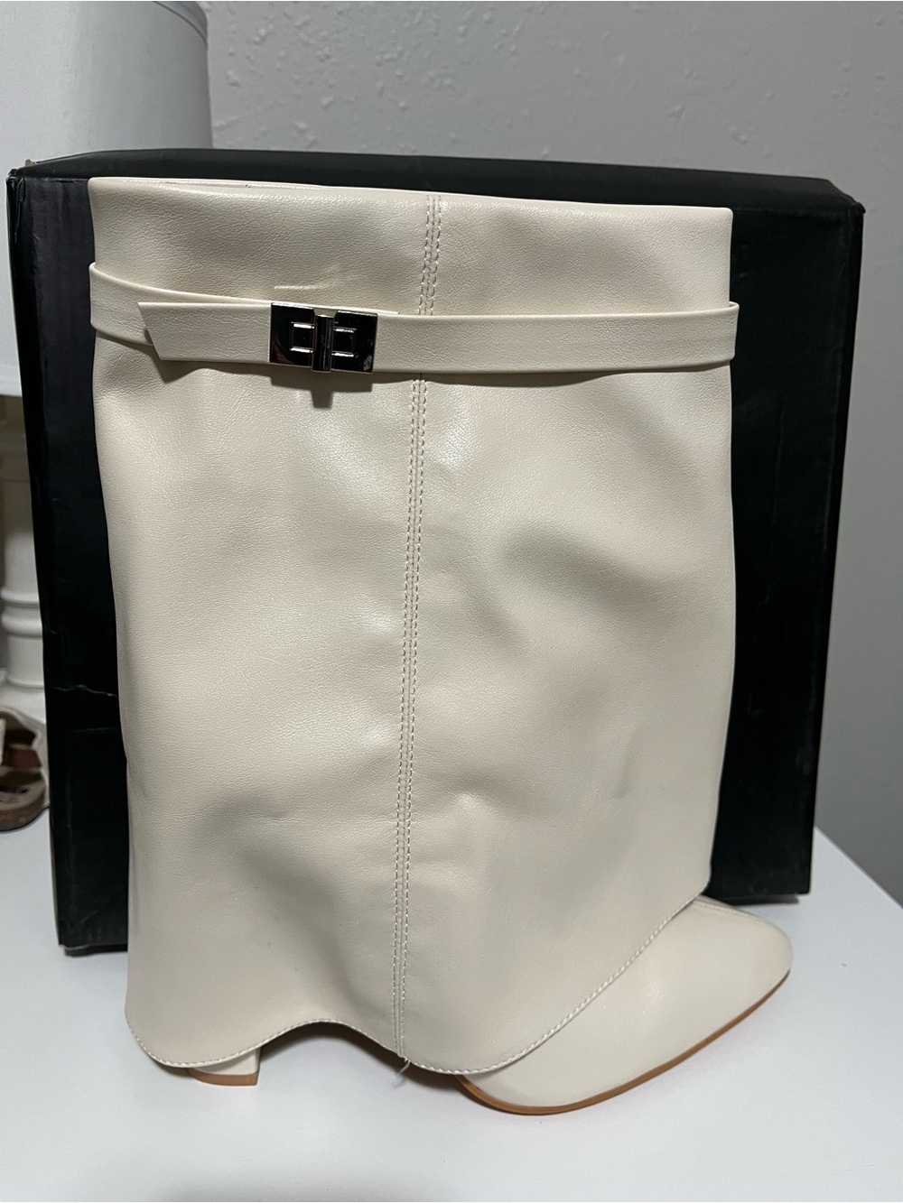Fashion Nova Cream Knee-High Heeled Boot with Buckle Accent